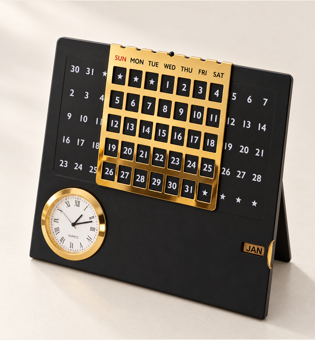 Steel Monthly Desk Calendar - Black, studio view 1