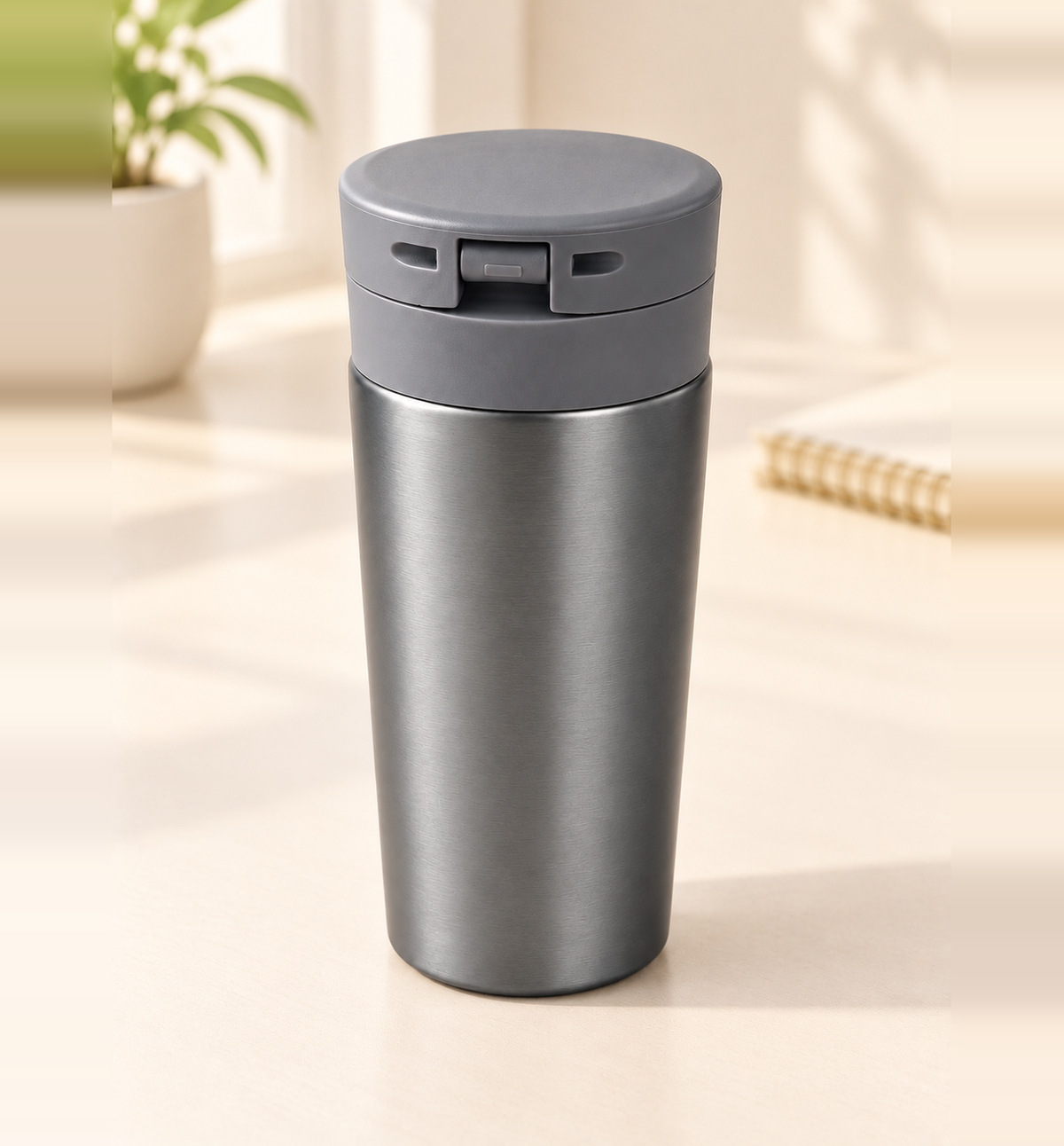 Push-Button Lid Coffee Mug - Grey, lifestyle