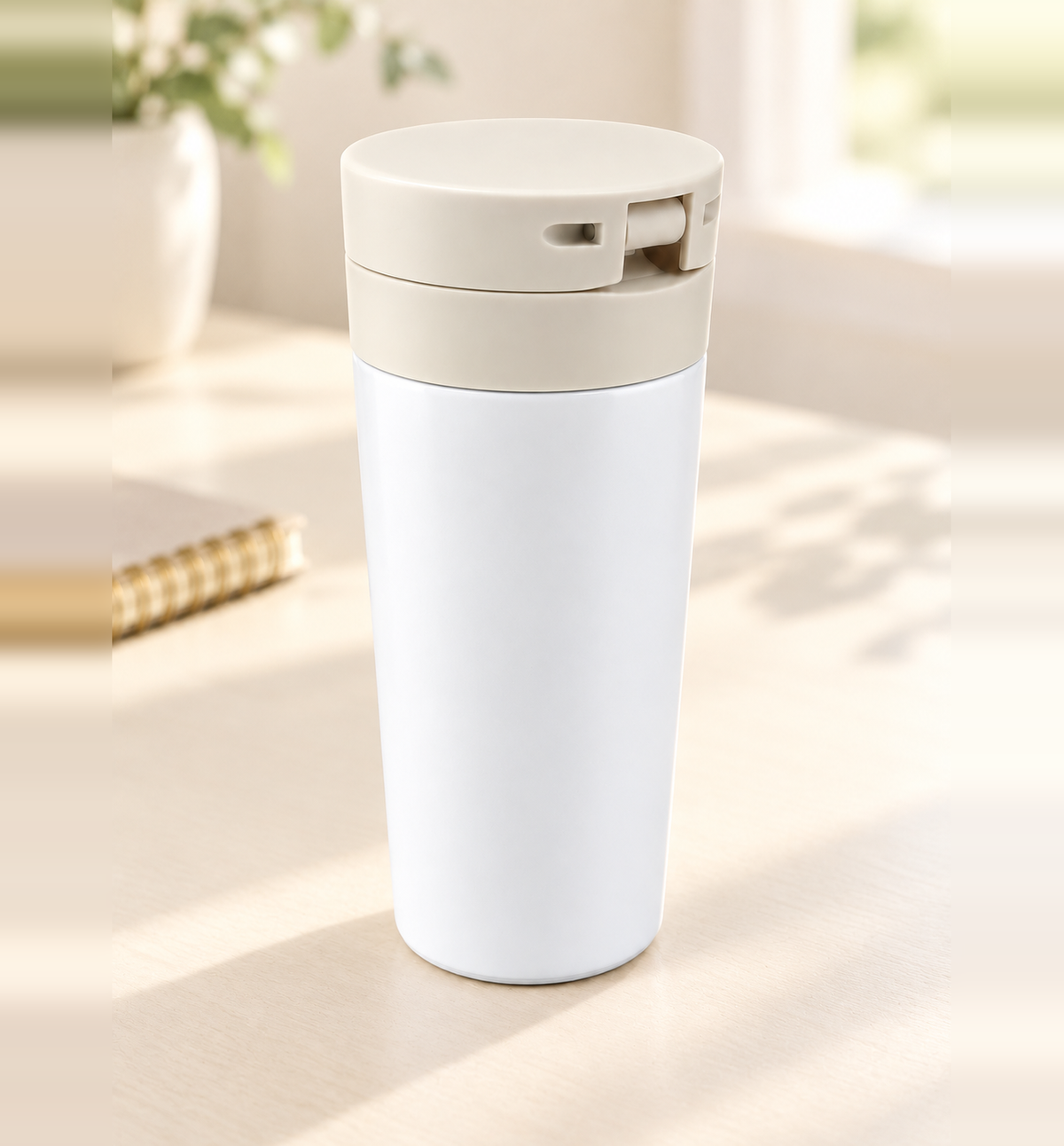 Push-Button Lid Coffee Mug - White, lifestyle