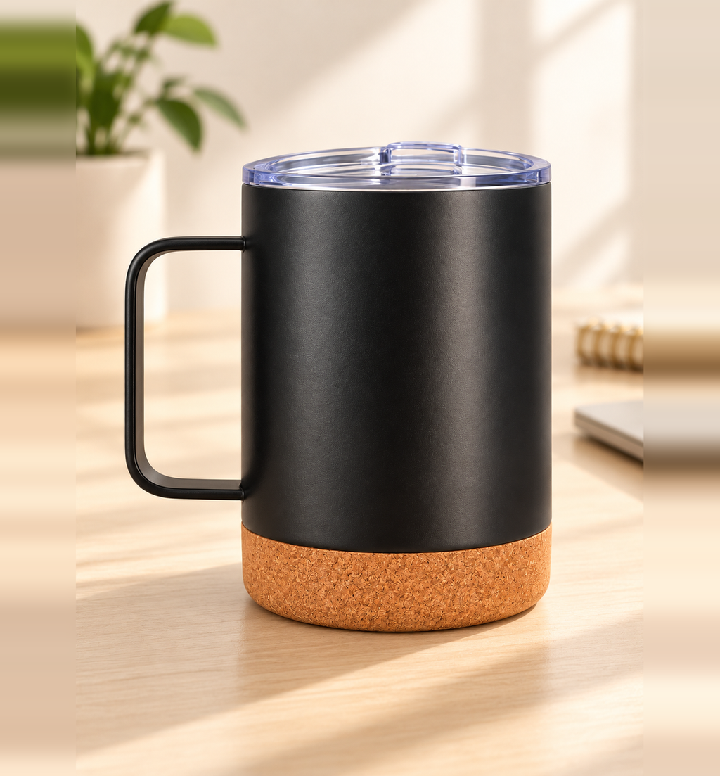 Cork-Base Insulated Coffee Mug - Black, lifestyle