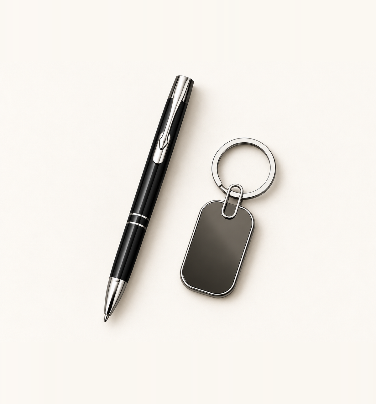Metal Pen and Keychain Duo - Black, Flatlay