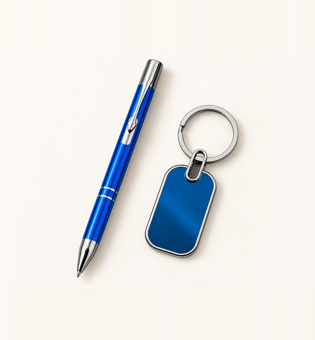 Metal Pen and Keychain Duo - Blue, Flatlay