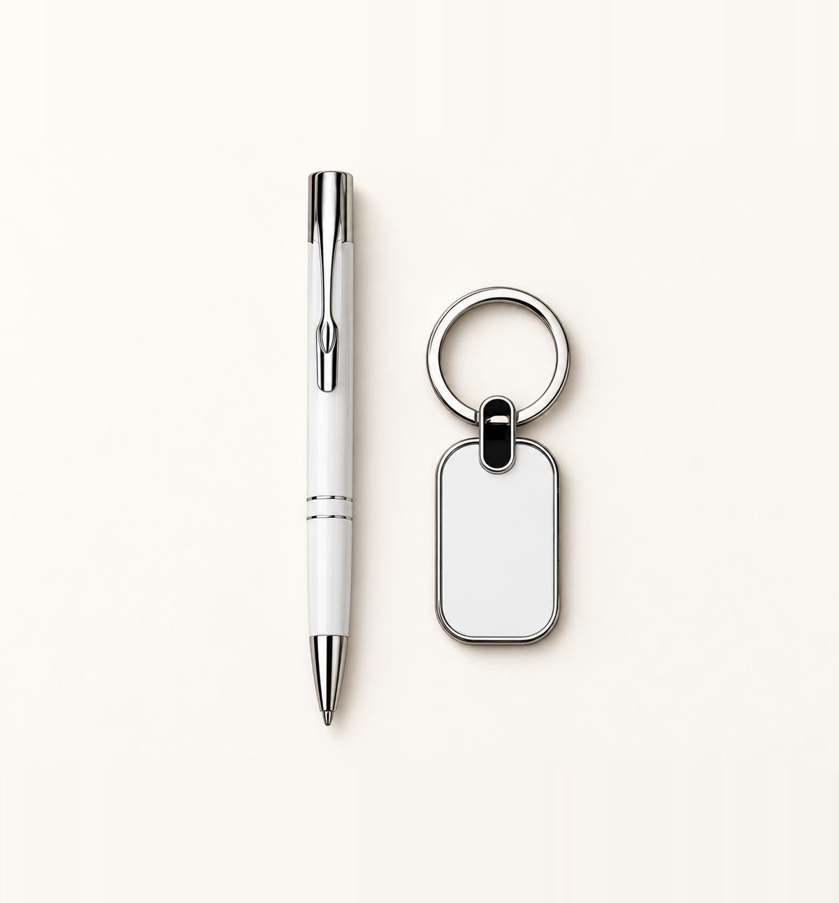 Metal Pen and Keychain Duo - White, Flatlay