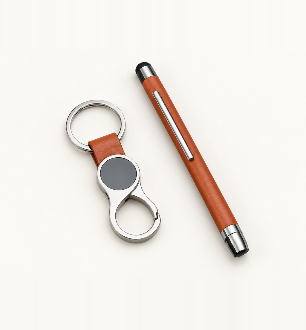 Pen and Keychain Gift Kit - Tan, Flatlay