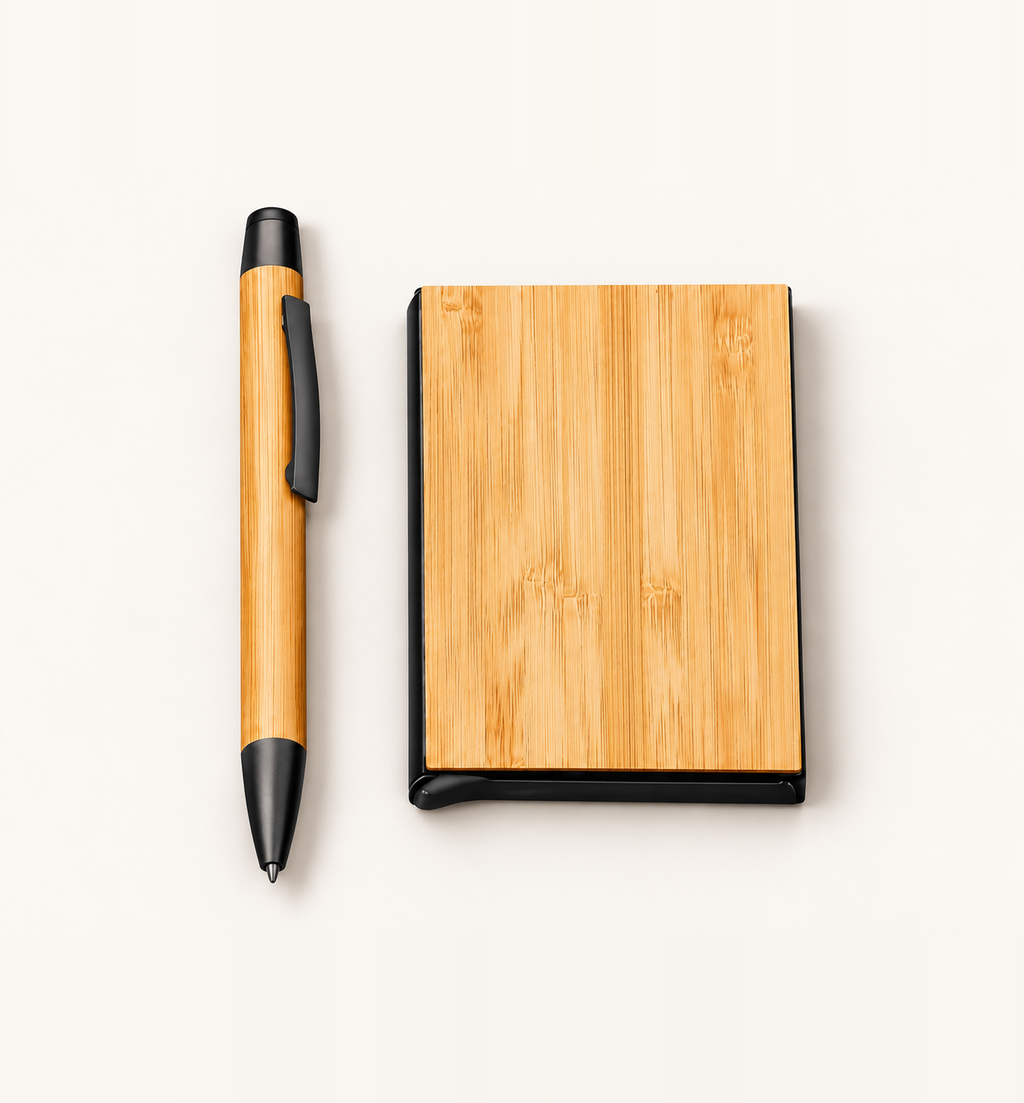 Metal Pen and Bamboo Card Holder Set - Wood, Flatlay