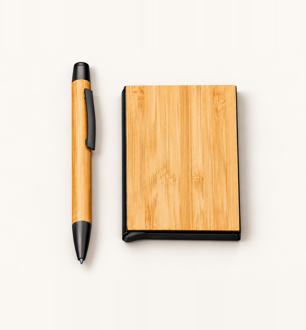 Metal Pen and Bamboo Card Holder Set - Wood, Flatlay