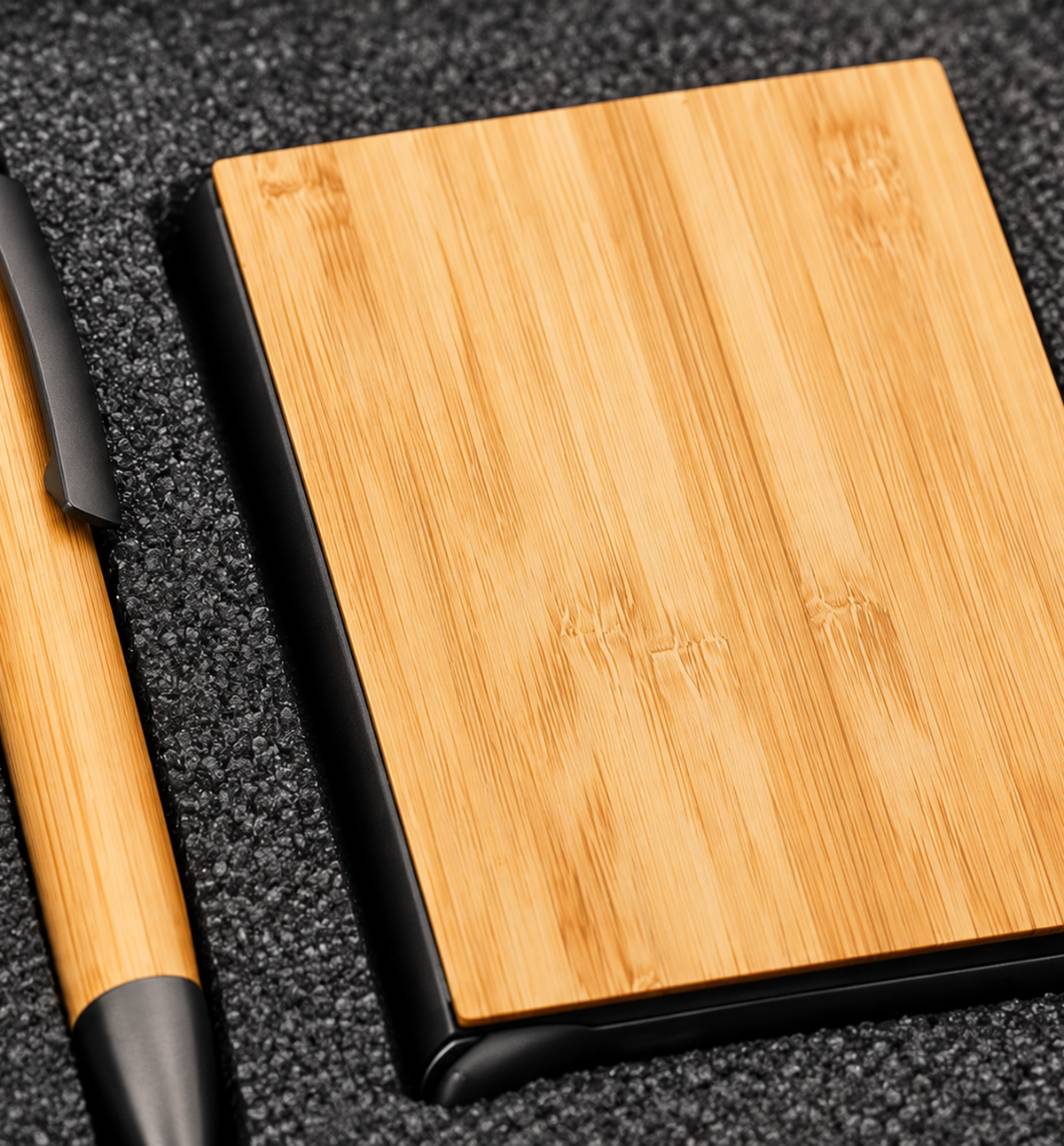 Metal Pen and Bamboo Card Holder Set - Wood, Detail