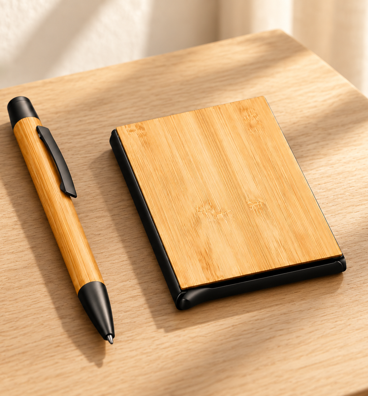 Metal Pen and Bamboo Card Holder Set - Wood, Lifestyle