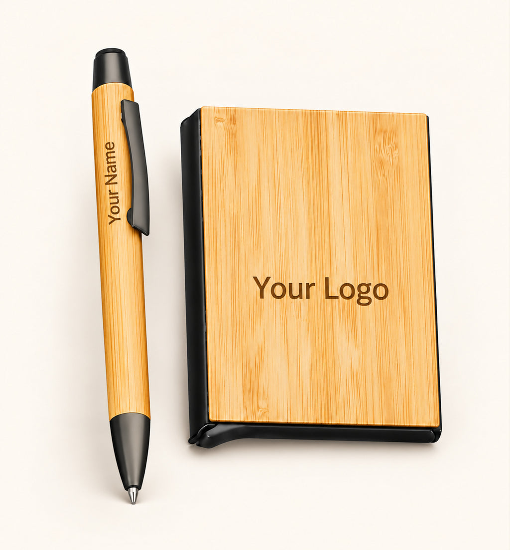 Metal Pen and Bamboo Card Holder Set